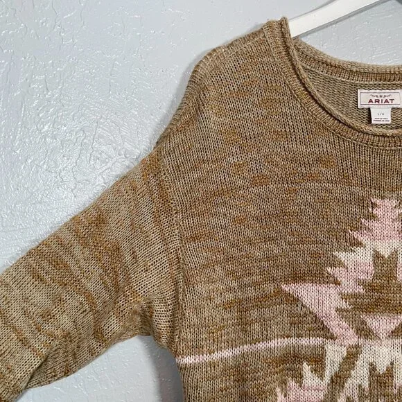 Ariat Women L Brown Pink Knit Date Night Sweater Southwest Pattern Long Sleeve - Picture 4 of 10